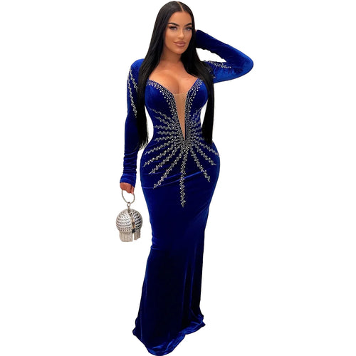 HLJ Fashion Pearls Rhinestones Deep V Bodycon Party Club Dresses Women