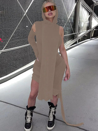 Simenual One Sleeve Knit Asymmetric Midi Dresses Skinny Ribbed Hooded