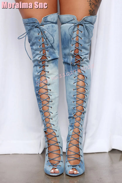 Fashion Peep Toe Lace Up Hollow Thigh High Boots Stiletto High Heel