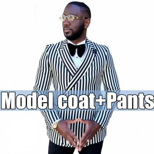 Black/White Striped Suit Jackets Men RegularCoat Double Breasted