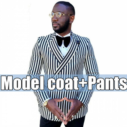 Black/White Striped Suit Jackets Men RegularCoat Double Breasted