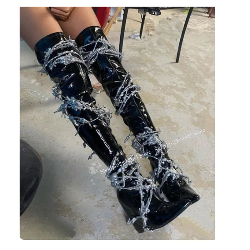 Black Wedge Pointed Toe Boots Zipper Thigh High Fashionable Sexy Novel