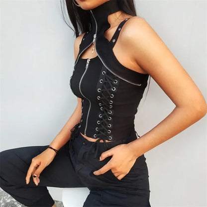 Black Punk Sleeveless Zipper Choker Halter Gothic Tank Bandage Crop