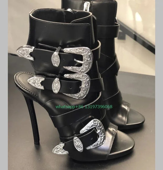 Lady black buckle strap slingback high heels open toe stiletto heel