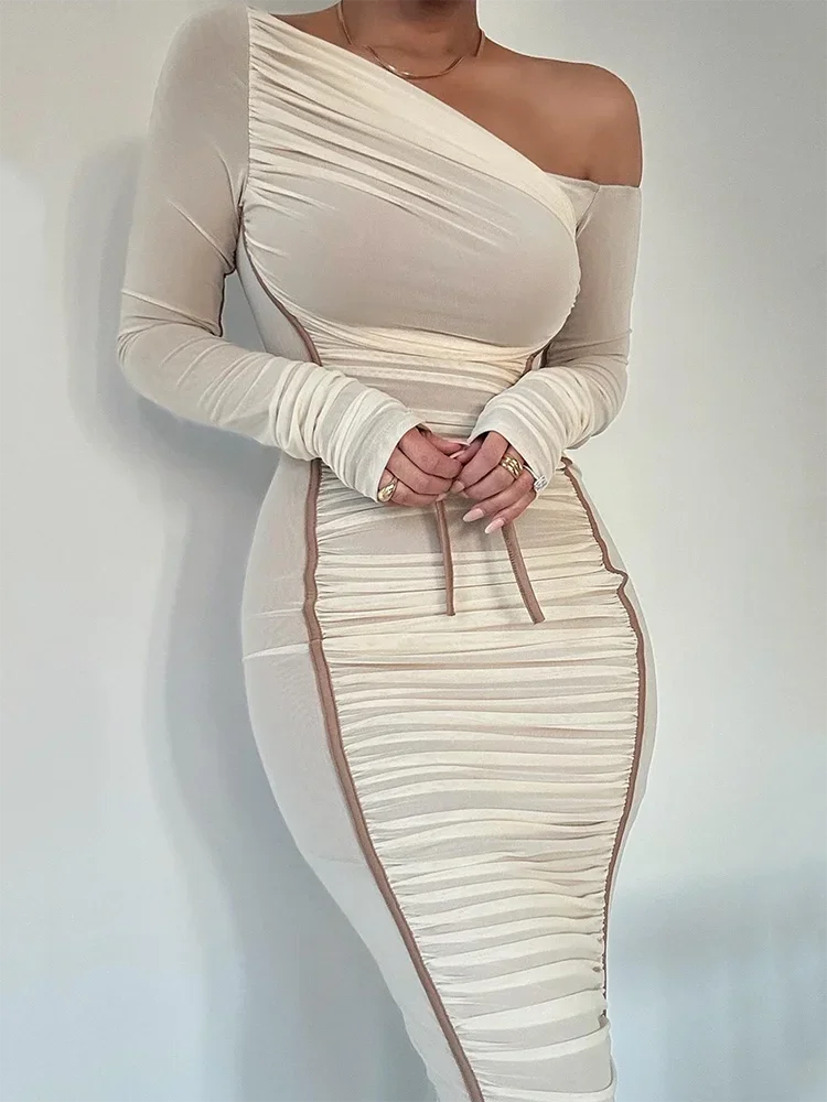 Diagonal Collar Long Sleeve Midi Dress For Women Two Layer Mesh