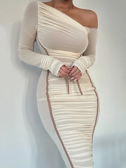 Diagonal Collar Long Sleeve Midi Dress For Women Two Layer Mesh