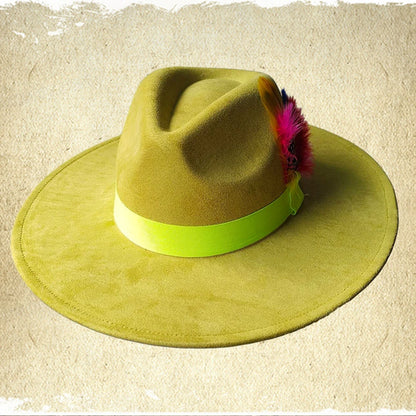 Retro Suede Fedora Hat with Feather Accessories