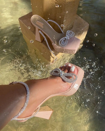 Sexy chunky sandals super high "T" heels pink platform