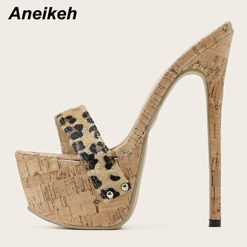 Aneikeh Sexy Leopard Platform Sandals High Heels Summer Slippers