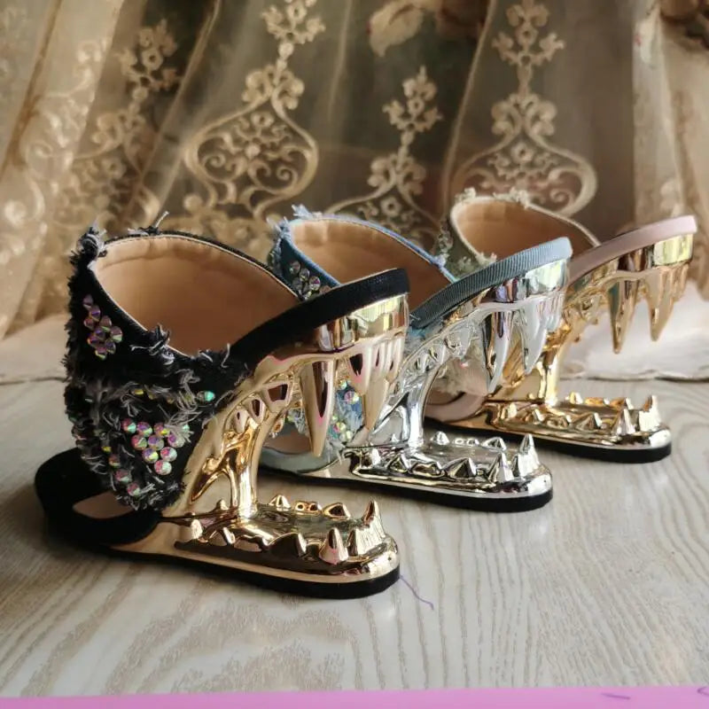 Summer New Sexy Party Muller Sandals Tiger Teeth Shaped Wedge Heel