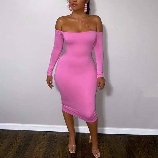 One Shoulder Backless Midi Dress Sexy Pink Dresses Ladies Black