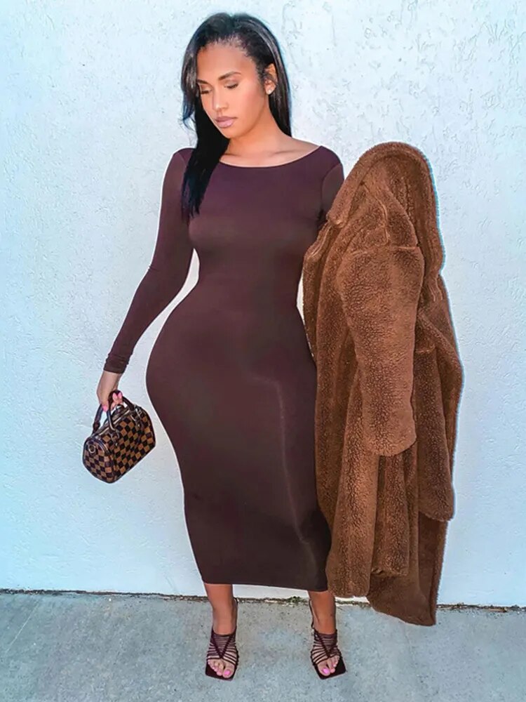 Dulzura Long Sleeve Backless Brown Maxi Dress For Women Bodycon Skinny