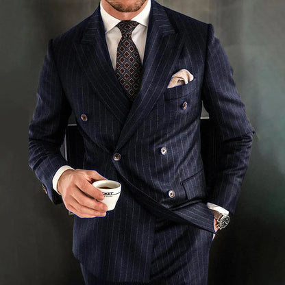 Navy Blue Striped Men Suits Fashion Peak Lapel Double Breasted Male