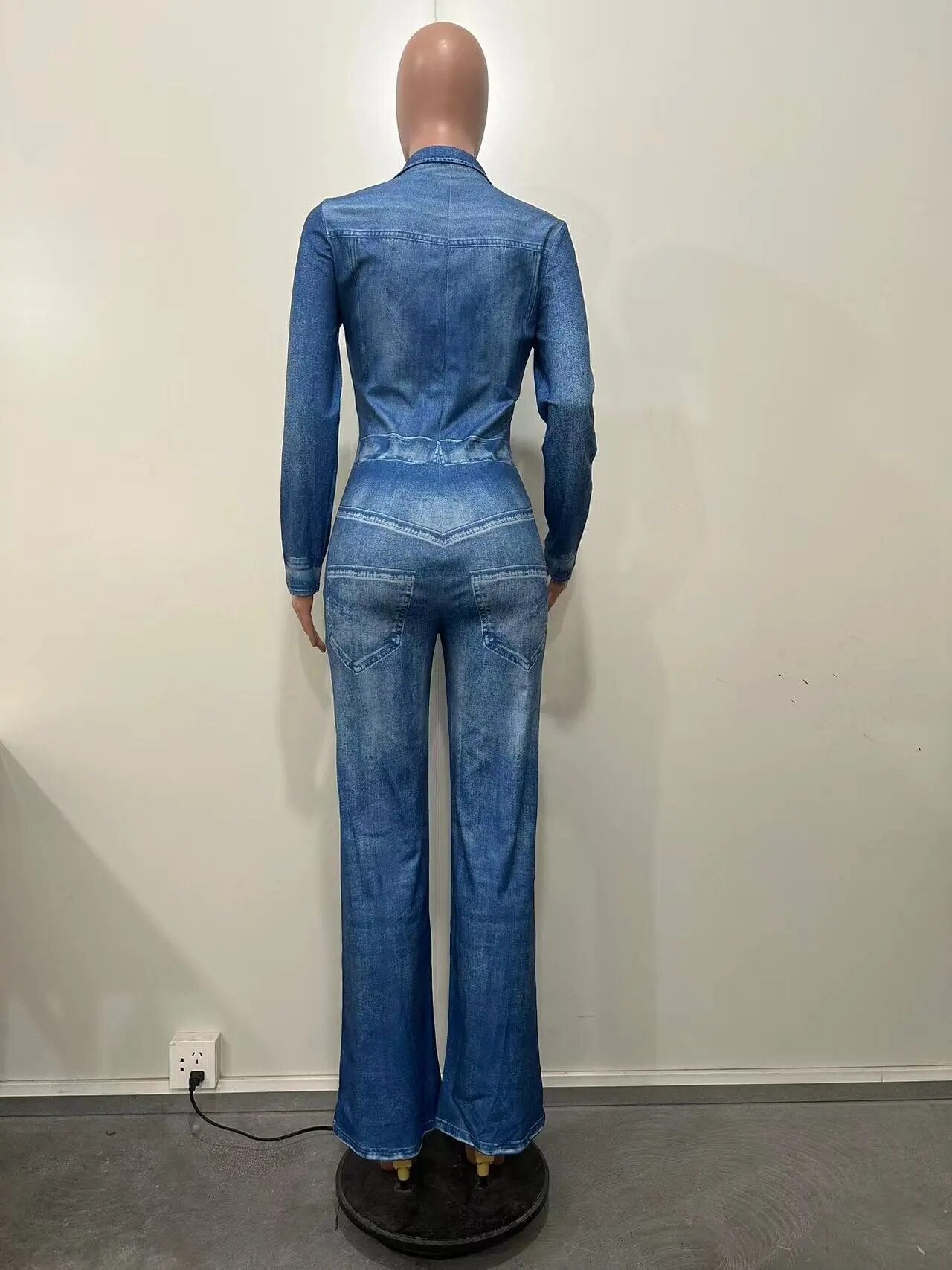 Echoine New Fashion Denim Print Long Sleeve Turn Down Button Jumpsuit