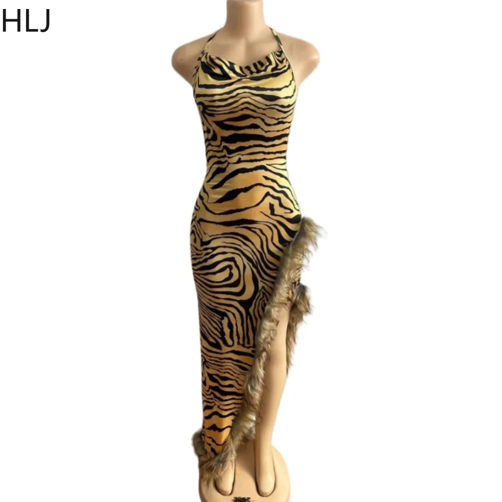 HLJ Sexy High Slit Feather Splicing Leopard Print Suspenders Dress