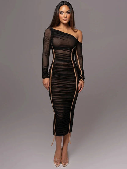 Diagonal Collar Long Sleeve Midi Dress For Women Two Layer Mesh