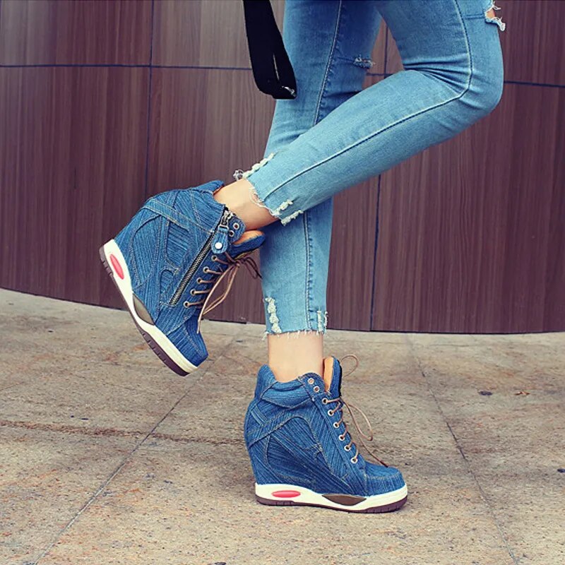 Comemore Women's Denim Wedges high top sneakers Platform Casual