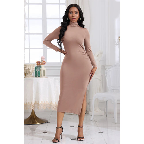 Women Sexy Dress Turtleneck Maxi Long Dresses Sexy Side Splited Full