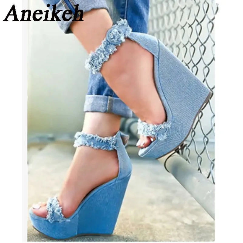 Aneikeh 2024 Blue Designer Denim Sandals Summer Woman Wedges High