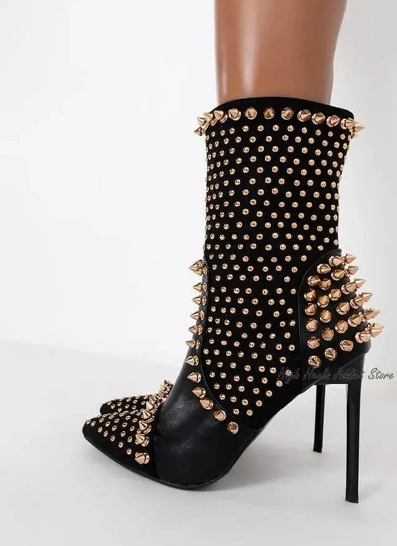 Black Studded Luxury Ankle Boots Women Sexy Full Stud High Heels