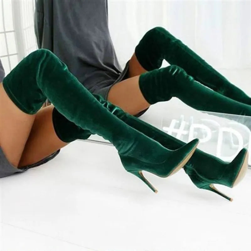 Woman Suede High Heel Boots Solid Color Over The Knee High Boots