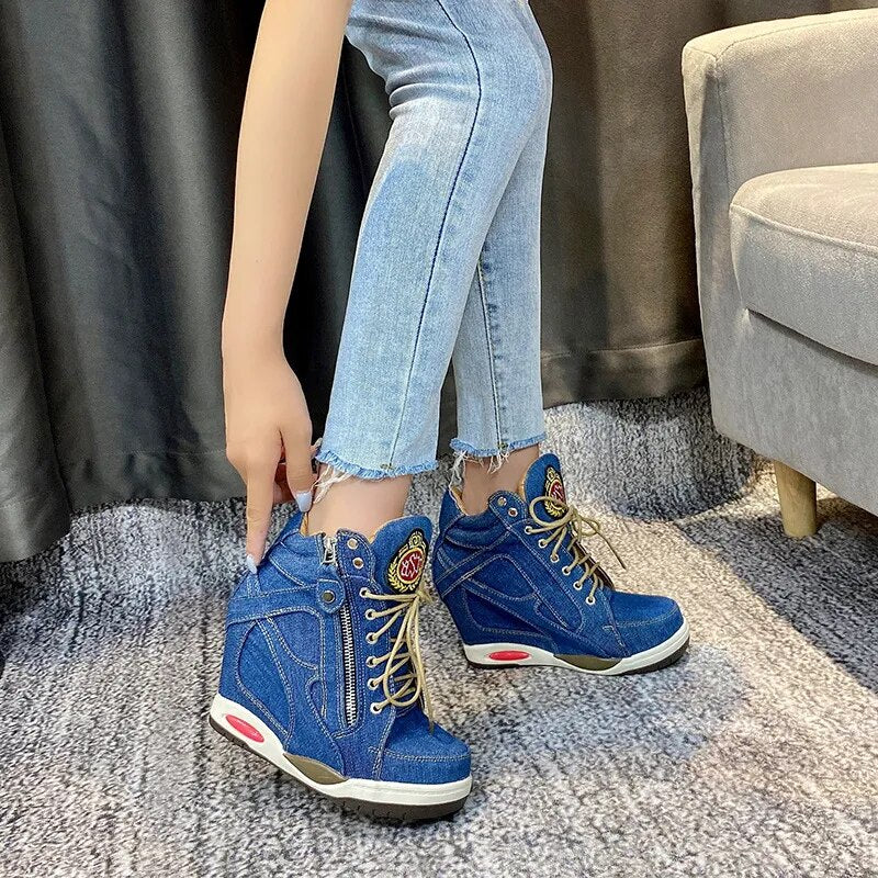 Comemore Women's Denim Wedges high top sneakers Platform Casual