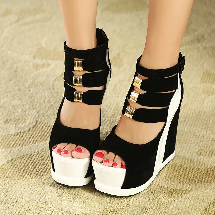 New Genuine Women Platform Sandals Wedges High heel 14cm Peep Toe