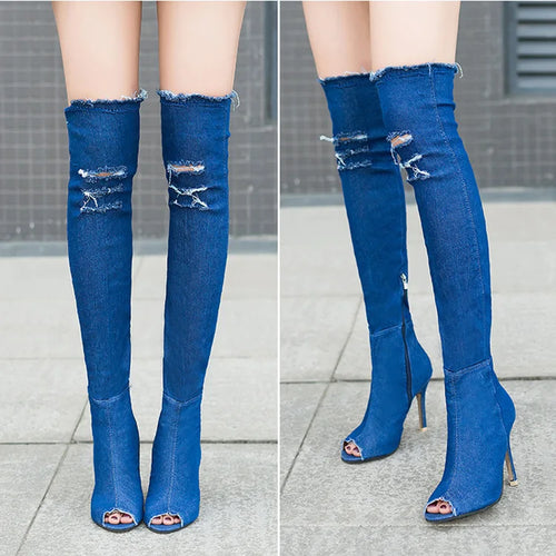 Blue Jean Boots Thigh High Boots Women Denim Peep Toe Knee High Heel