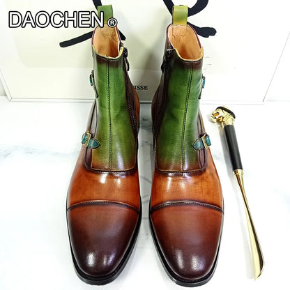LUXURY MEN'S BOOTS MIXED COLORS CHELSEA BOOTS BUCKE STRAP CASUAL MENS
