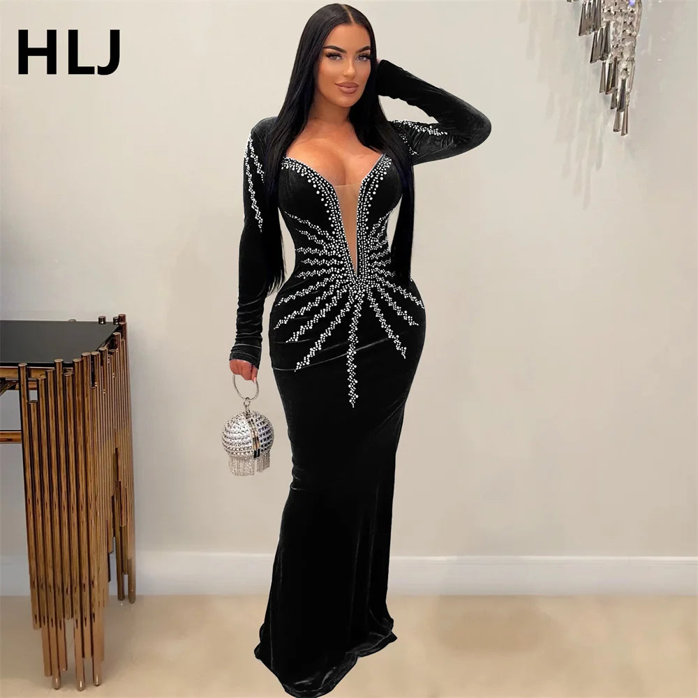 HLJ Fashion Pearls Rhinestones Deep V Bodycon Party Club Dresses Women