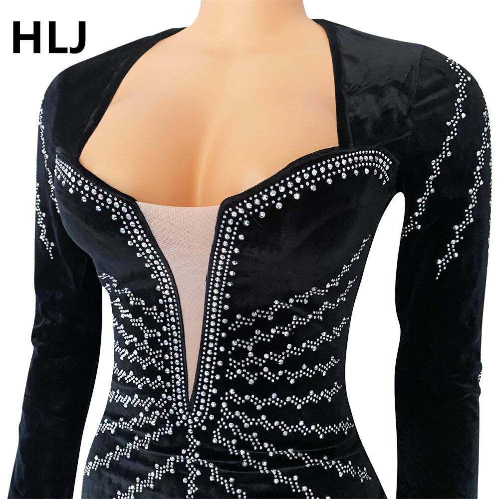 HLJ Fashion Pearls Rhinestones Deep V Bodycon Party Club Dresses Women