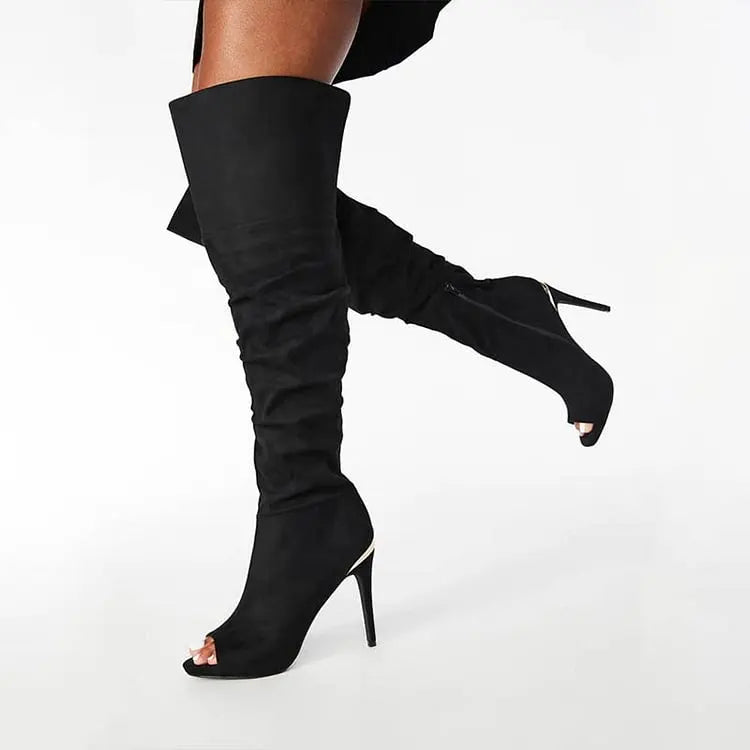 Peep Toe Thigh High Boots Women's Stiletto Heel Vintage Over The Knee