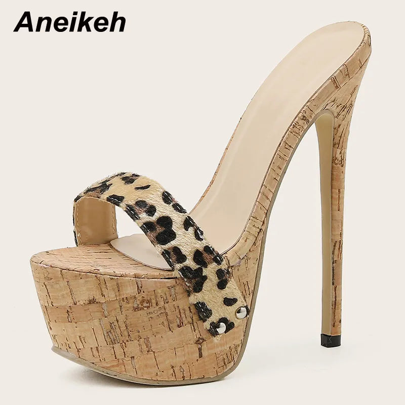 Aneikeh Sexy Leopard Platform Sandals High Heels Summer Slippers