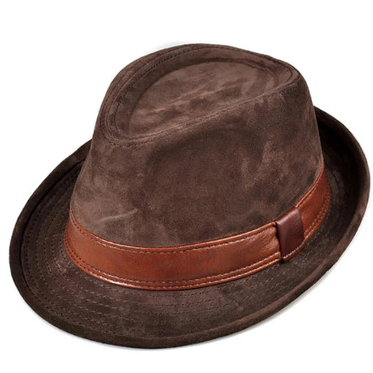 Men Genuine Leather Suede Cow Skin Nubuck Brown Fedoras Hats