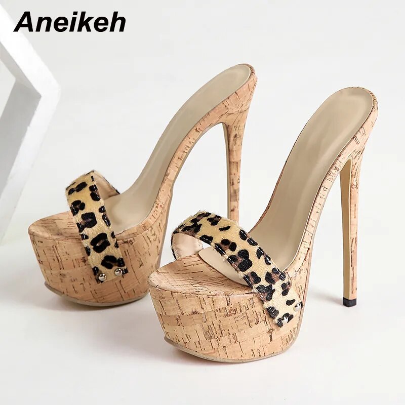 Aneikeh Sexy Leopard Platform Sandals High Heels Summer Slippers