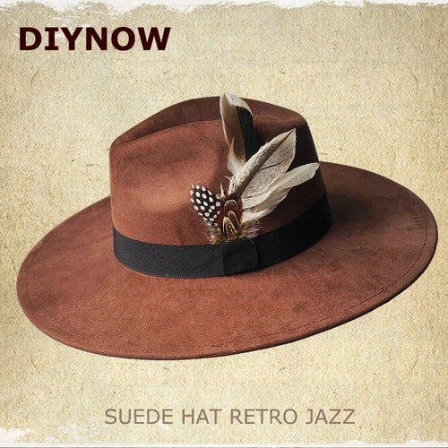 Retro Suede Fedora Hat with Feather Accessories