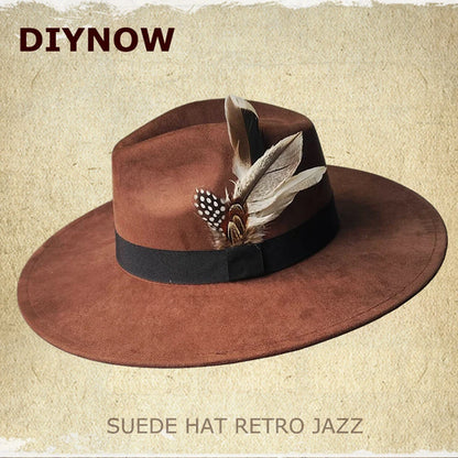 Retro Suede Fedora Hat with Feather Accessories