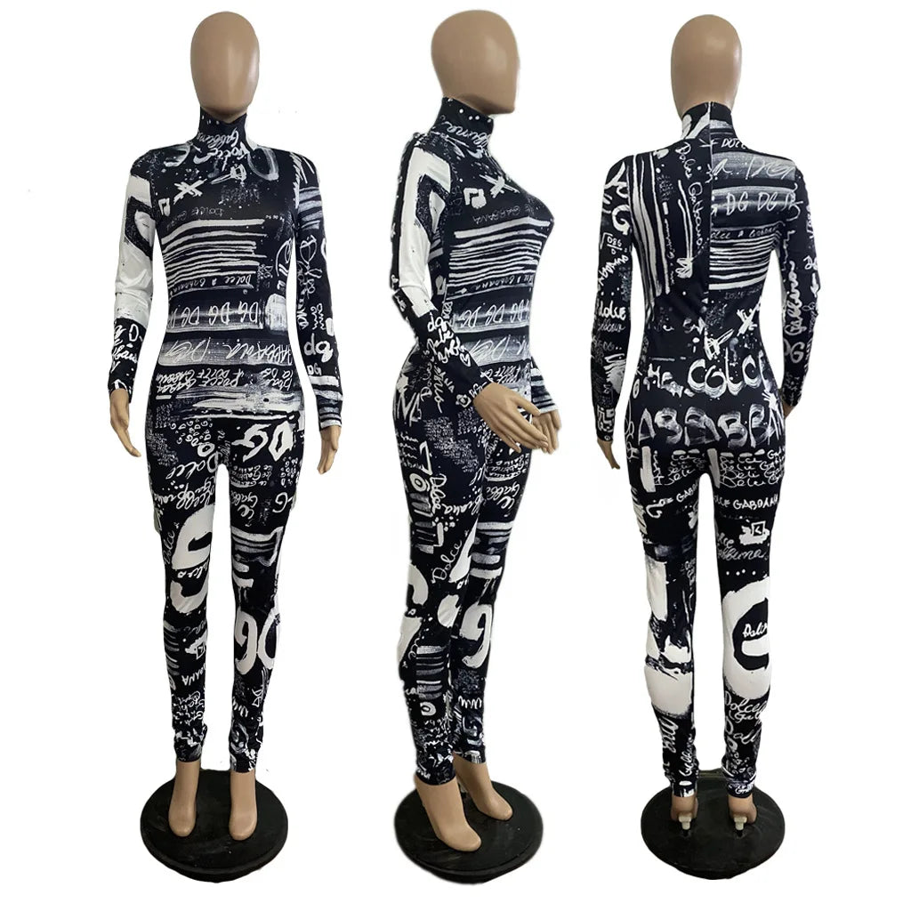 Prowow Fashion Print Women Jumpsuits One-piece Zipper Long Sleeve