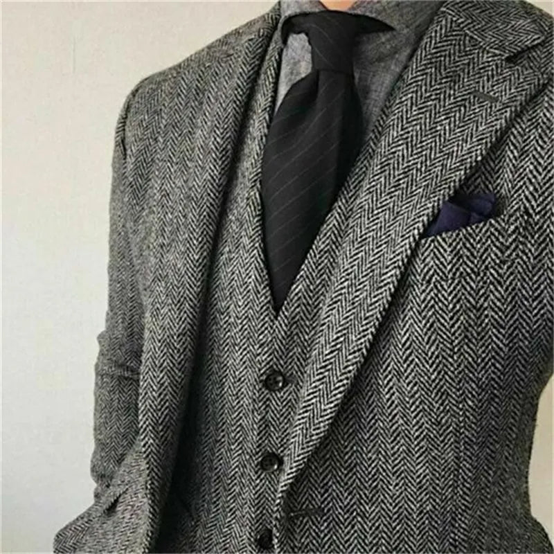 Herringbone Suit Men 3 Pieces Formal Business Tweed Tuxedo for Men