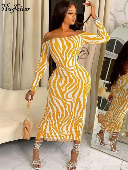 Hugcitar Striped Print Slash Neck Long Sleeve Backless Ruched Sexy