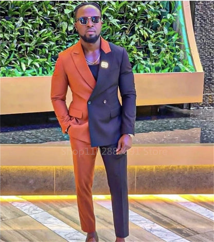 Orange Navy Color Stitching Men Suits For Wedding Formal Slim Fit 2