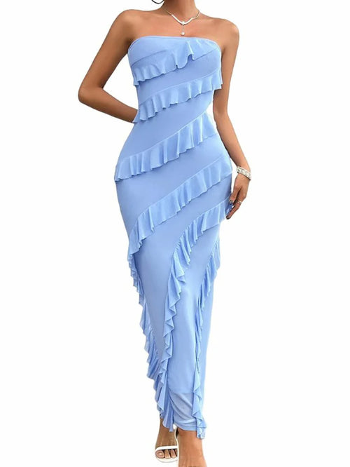 Women's Summer Bodycon Dress Casual Strapless Solid Color Long Dress