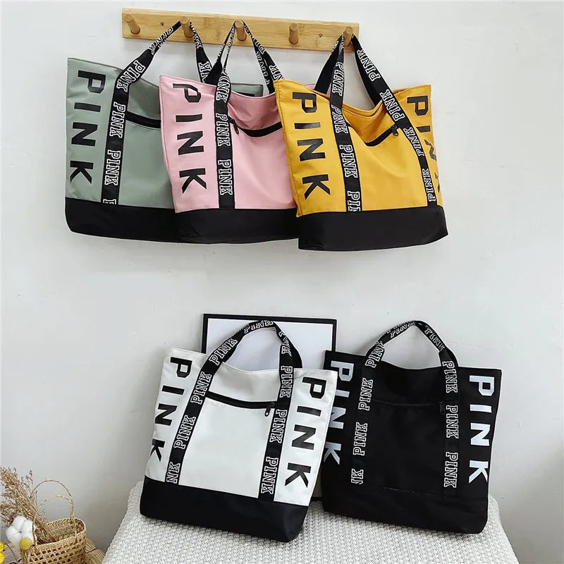 Colorblock Pink Letter Graphic Tote Handbags Woman Shoulder Bags