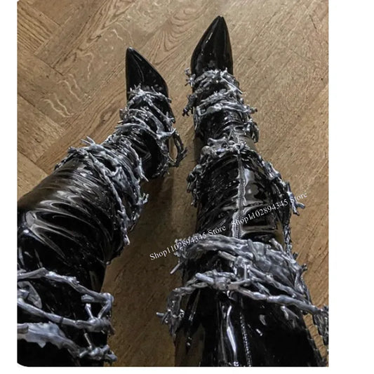 Black Wedge Pointed Toe Boots Zipper Thigh High Fashionable Sexy Novel