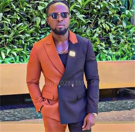 Orange Navy Color Stitching Men Suits For Wedding Formal Slim Fit 2