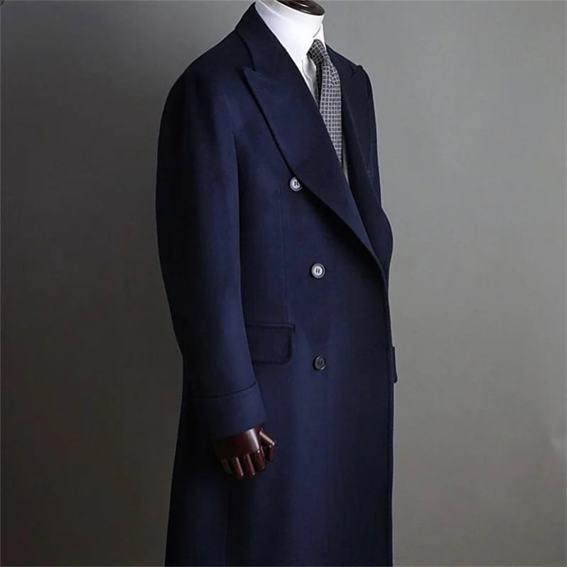 Formal Navy Men Suits Thick Wool Long Coat Men Jacket Double Breasted