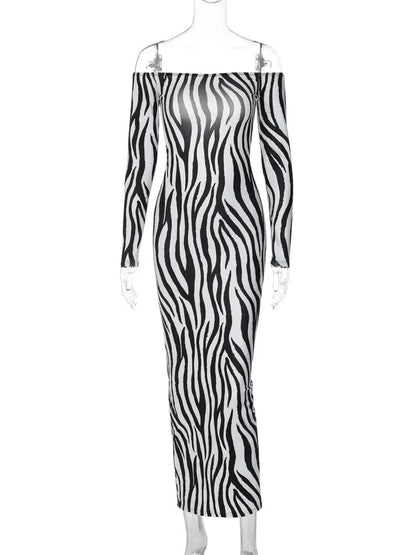 Hugcitar Striped Print Slash Neck Long Sleeve Backless Ruched Sexy