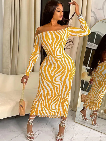 Hugcitar Striped Print Slash Neck Long Sleeve Backless Ruched Sexy