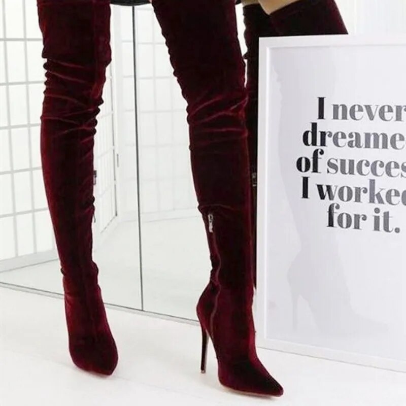 Woman Suede High Heel Boots Solid Color Over The Knee High Boots