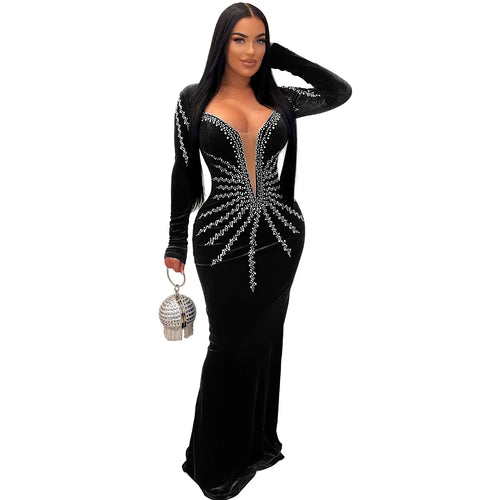 HLJ Fashion Pearls Rhinestones Deep V Bodycon Party Club Dresses Women